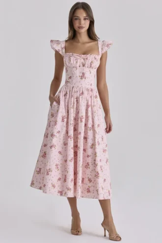 Różowa Sukienka Letnia Midi Livia z bawełny w stylu vintage