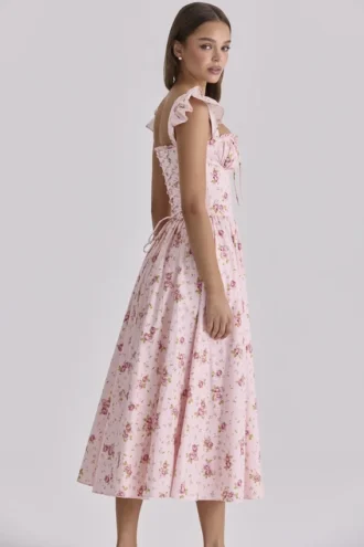 Różowa Sukienka Letnia Midi Livia z bawełny w stylu vintage