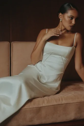 Satynowa sukienka maxi „Anabella” w kolorze kości słoniowej z wiązaniem na górze Satynowa sukienka maxi „Anabella” w kolorze kości słoniowej z wiązaniem na górze
