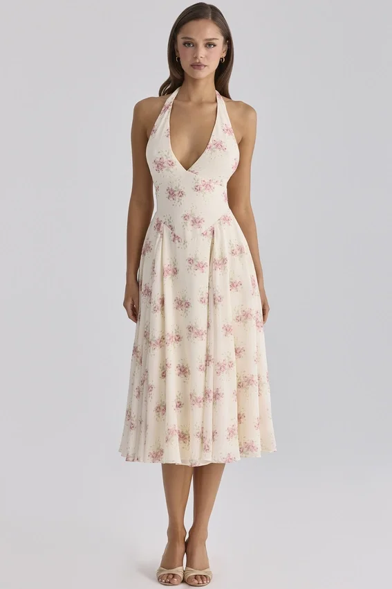 Solada – sukienka midi z dekoltem halter z georgette w kolorze kości słoniowej z nadrukiem w stylu vintage Solada – sukienka midi z dekoltem halter z georgette w kolorze kości słoniowej z nadrukiem w stylu vintage