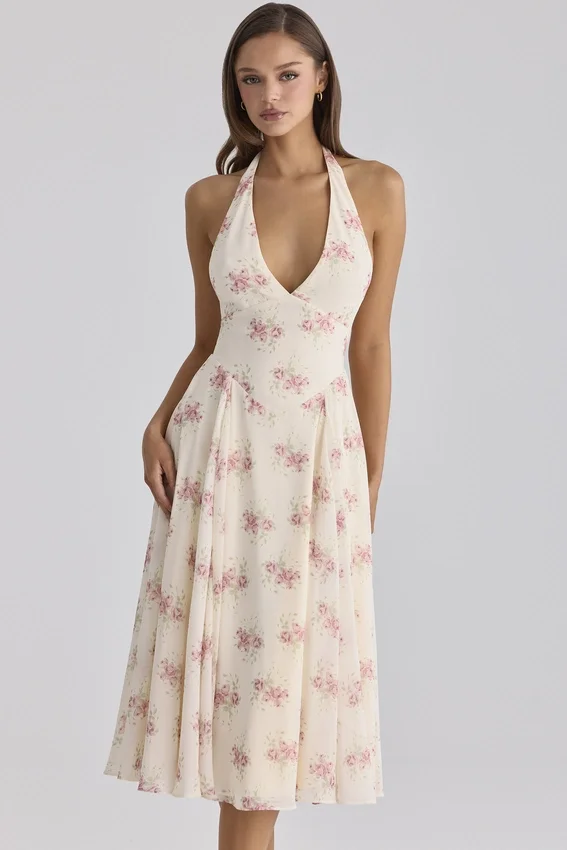 Solada – sukienka midi z dekoltem halter z georgette w kolorze kości słoniowej z nadrukiem w stylu vintage Solada – sukienka midi z dekoltem halter z georgette w kolorze kości słoniowej z nadrukiem w stylu vintage