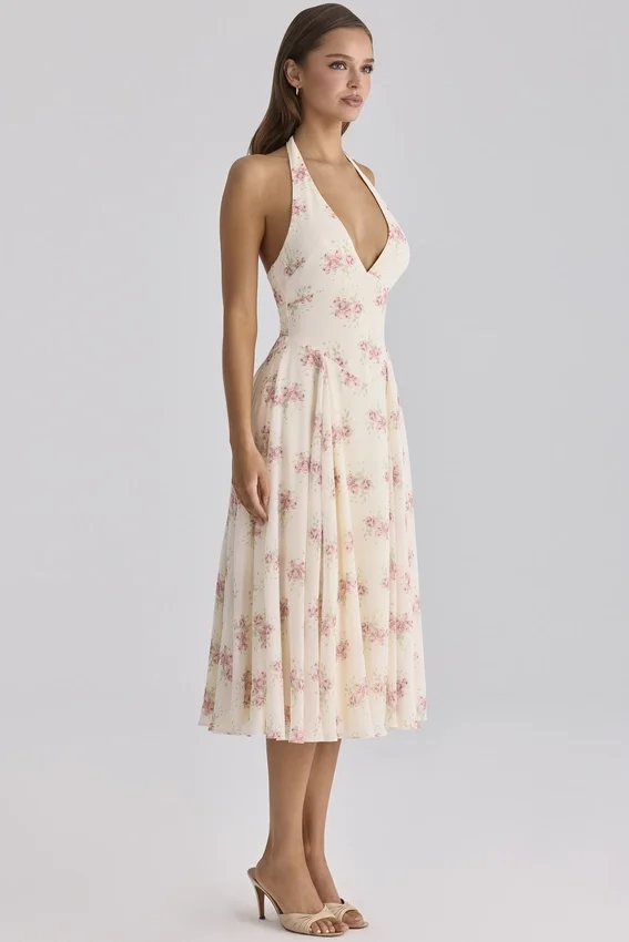 Solada – sukienka midi z dekoltem halter z georgette w kolorze kości słoniowej z nadrukiem w stylu vintage Solada – sukienka midi z dekoltem halter z georgette w kolorze kości słoniowej z nadrukiem w stylu vintage