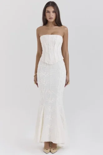 Spódnica maxi Veronica Vintage w kolorze kości słoniowej z haftowanym godetem Spódnica maxi Veronica Vintage w kolorze kości słoniowej z haftowanym godetem