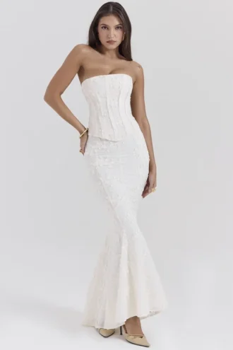 Spódnica maxi Veronica Vintage w kolorze kości słoniowej z haftowanym godetem Spódnica maxi Veronica Vintage w kolorze kości słoniowej z haftowanym godetem