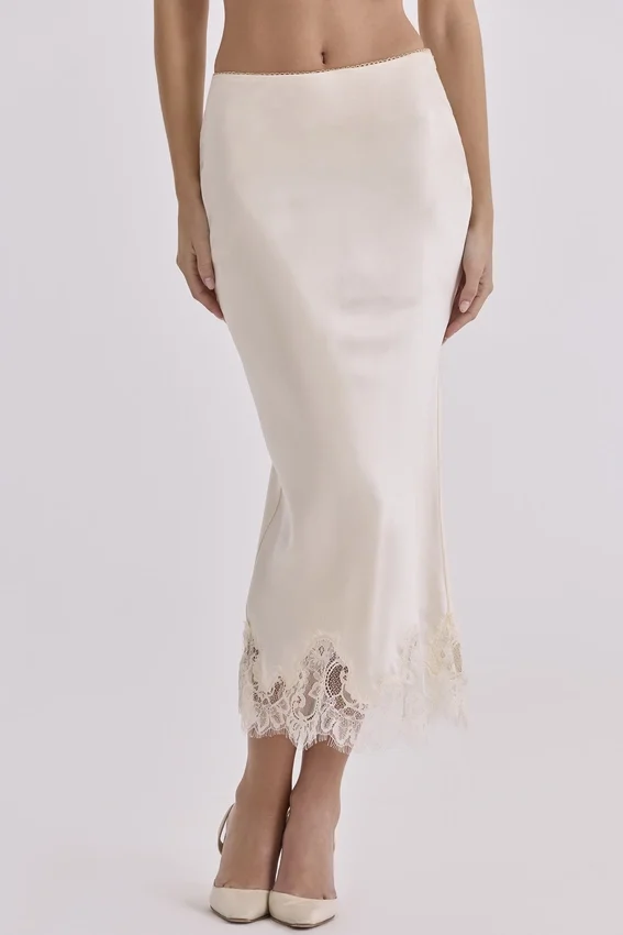 Spódnica midi Ciara Vintage z satyny w kolorze kości słoniowej i koronki