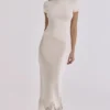 Spódnica midi Ciara Vintage z satyny w kolorze kości słoniowej i koronki