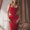 Spódnica midi Colette Scarlet z satyny z niskim stanem