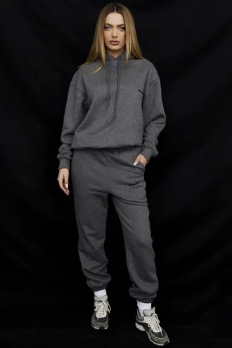 Halo Ciemnoszara bawełniana Bluza z Kapturem oversize z polarową podszewką Halo Ciemnoszara bawełniana Bluza z Kapturem oversize z polarową podszewką