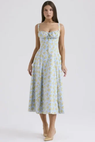 Sukienka bustier z bawełny w delikatny niebieski kwiatowy wzór w stylu vintage