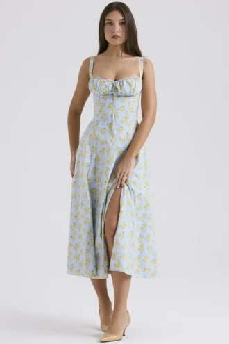 Sukienka bustier z bawełny w delikatny niebieski kwiatowy wzór w stylu vintage