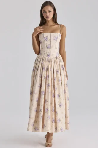 Sukienka letnia midi Ysabella w kolorze kości słoniowej z bawełny w kwiatowy wzór Sweet Peony