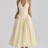 Sukienka letnia midi z bawełny w kolorze cytrynowym z wiązaniem na szyi „Marilyn” Sukienka letnia midi z bawełny w kolorze cytrynowym z wiązaniem na szyi „Marilyn”
