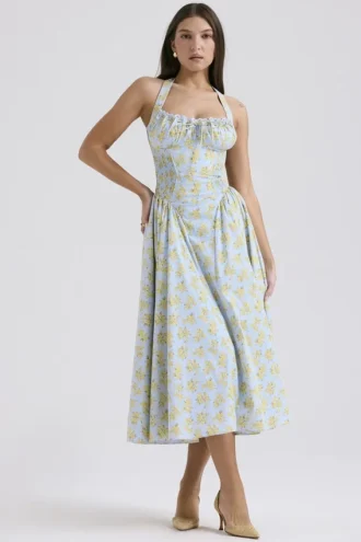 Sukienka letnia midi z bawełny w stylu vintage z delikatnym niebieskim kwiatowym nadrukiem