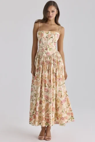 Sukienka letnia midi z bawełny z nadrukiem Ysabella Warm Rose