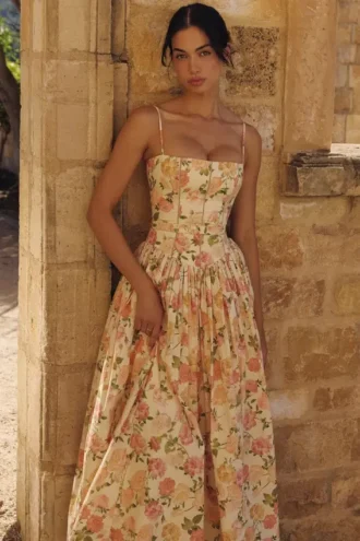 Sukienka letnia midi z bawełny z nadrukiem Ysabella Warm Rose
