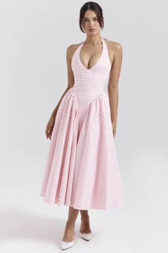 Sukienka letnia midi z wiązaniem na szyi w kratkę Marilyn Strawberry Shortcake