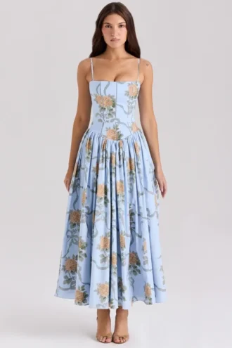 Sukienka letnia Ysabella z bawełny w niebieski wzór w stylu vintage Sukienka letnia Ysabella z bawełny w niebieski wzór w stylu vintage