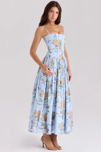 Sukienka letnia Ysabella z bawełny w niebieski wzór w stylu vintage Sukienka letnia Ysabella z bawełny w niebieski wzór w stylu vintage
