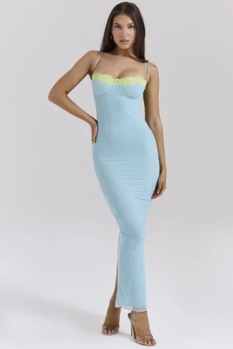 Sukienka maxi Aiza w kolorze ocean blue z kontrastową koronką Sukienka maxi Aiza w kolorze ocean blue z kontrastową koronką