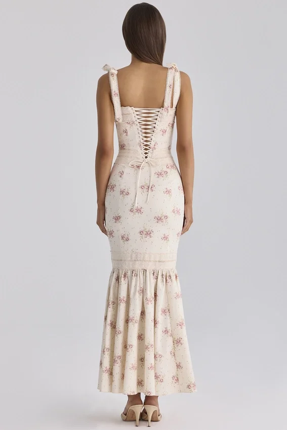 Sukienka maxi Alessina w kolorze kości słoniowej z nadrukiem Vintage Rose, wykonana z bawełny i koronki Sukienka maxi Alessina w kolorze kości słoniowej z nadrukiem Vintage Rose, wykonana z bawełny i koronki