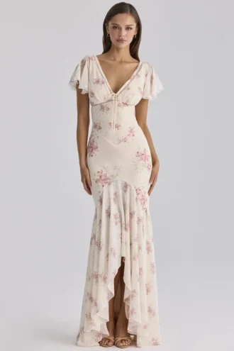 Sukienka maxi Amina w kolorze kości słoniowej z nadrukiem Vintage Rose z żorżety Sukienka maxi Amina w kolorze kości słoniowej z nadrukiem Vintage Rose z żorżety