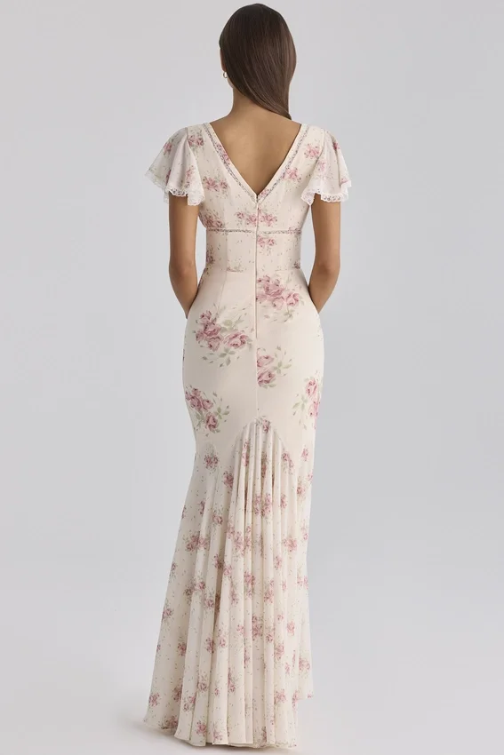 Sukienka maxi Amina w kolorze kości słoniowej z nadrukiem Vintage Rose z żorżety Sukienka maxi Amina w kolorze kości słoniowej z nadrukiem Vintage Rose z żorżety