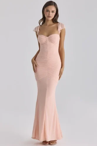 Sukienka maxi Antonella w kolorze brzoskwiniowym z siateczką Sukienka maxi Antonella w kolorze brzoskwiniowym z siateczką