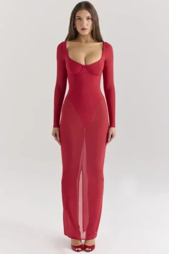 Sukienka maxi Everly Holly z siateczki w kolorze czerwonym z Body