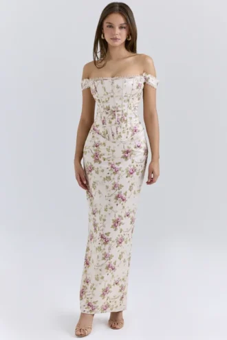 Sukienka maxi Isis Vintage w kremowy kwiatowy wzór z gorsetem