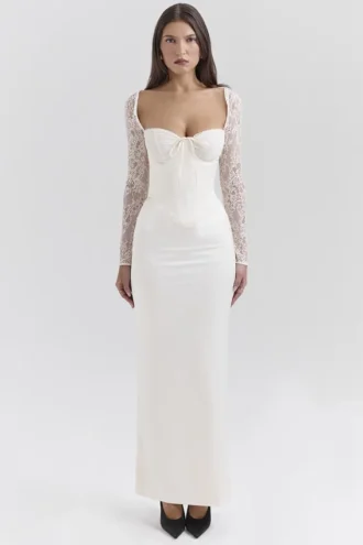 Sukienka maxi Perdi Vintage w kolorze kości słoniowej z satyny Sukienka maxi Perdi Vintage w kolorze kości słoniowej z satyny