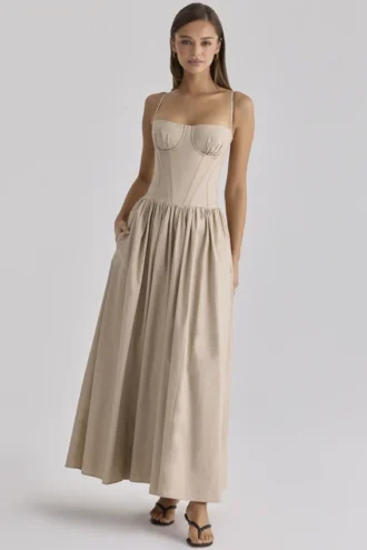 Sukienka maxi Rona w kolorze taupe z bawełny typu Gorsety Sukienka maxi Rona w kolorze taupe z bawełny typu Gorsety