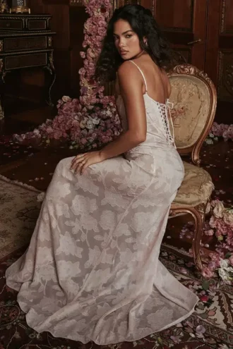 Sukienka maxi „Seren” w delikatny różowy kwiatowy wzór z koronkowym tyłem Sukienka maxi „Seren” w delikatny różowy kwiatowy wzór z koronkowym tyłem