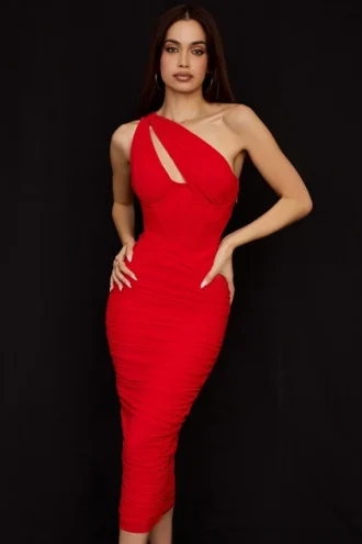 Sukienka midi Valentina Scarlet z asymetrycznym wycięciem Sukienka midi Valentina Scarlet z asymetrycznym wycięciem