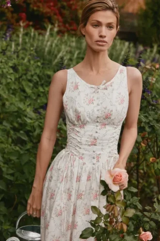 Sukienka midi z elastycznej bawełny z nadrukiem Sienna Rose i wiązaniem Sukienka midi z elastycznej bawełny z nadrukiem Sienna Rose i wiązaniem