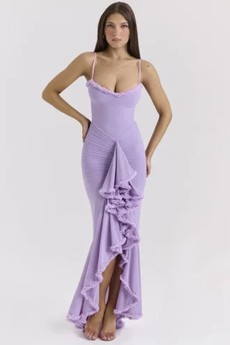Suknia Gabbi Orchid z falbanami z przodu Suknia Gabbi Orchid z falbanami z przodu