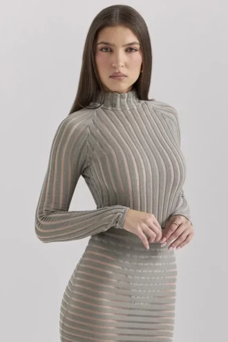 Szary welurowy Body w paski „Rowena”