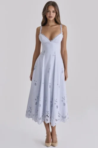 Tatiana Bluebell Lace + Cotton Broderie Anglais Sukienka Letnia Midi