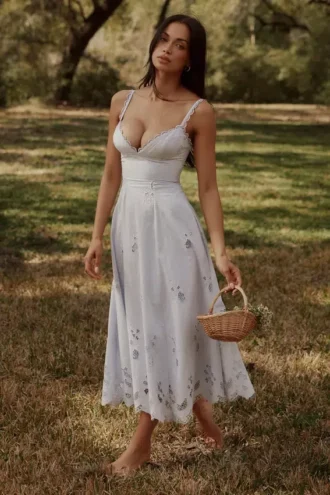 Tatiana Bluebell Lace + Cotton Broderie Anglais Sukienka Letnia Midi