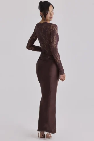 Yasmeen Espresso Brown Lace + Satin Draped Maxi Sukienka Yasmeen Espresso Brown Lace + Satin Draped Maxi Sukienka