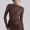 Yasmeen Espresso Brown Lace + Satin Draped Maxi Sukienka Yasmeen Espresso Brown Lace + Satin Draped Maxi Sukienka