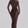 Yasmeen Espresso Brown Lace + Satin Draped Maxi Sukienka Yasmeen Espresso Brown Lace + Satin Draped Maxi Sukienka