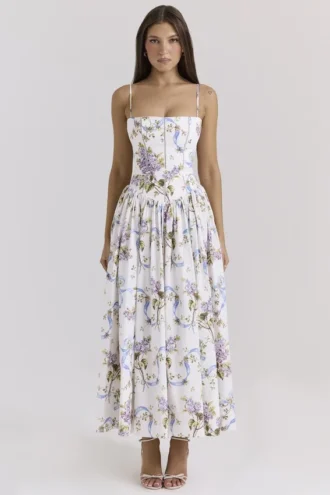Ysabella Off White Vintage Ribbon Print Cotton Midi Sukienka Letnia