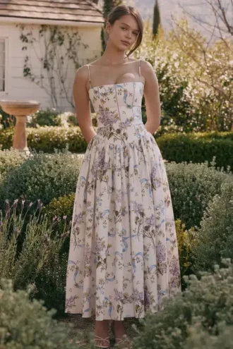 Ysabella Off White Vintage Ribbon Print Cotton Midi Sukienka Letnia